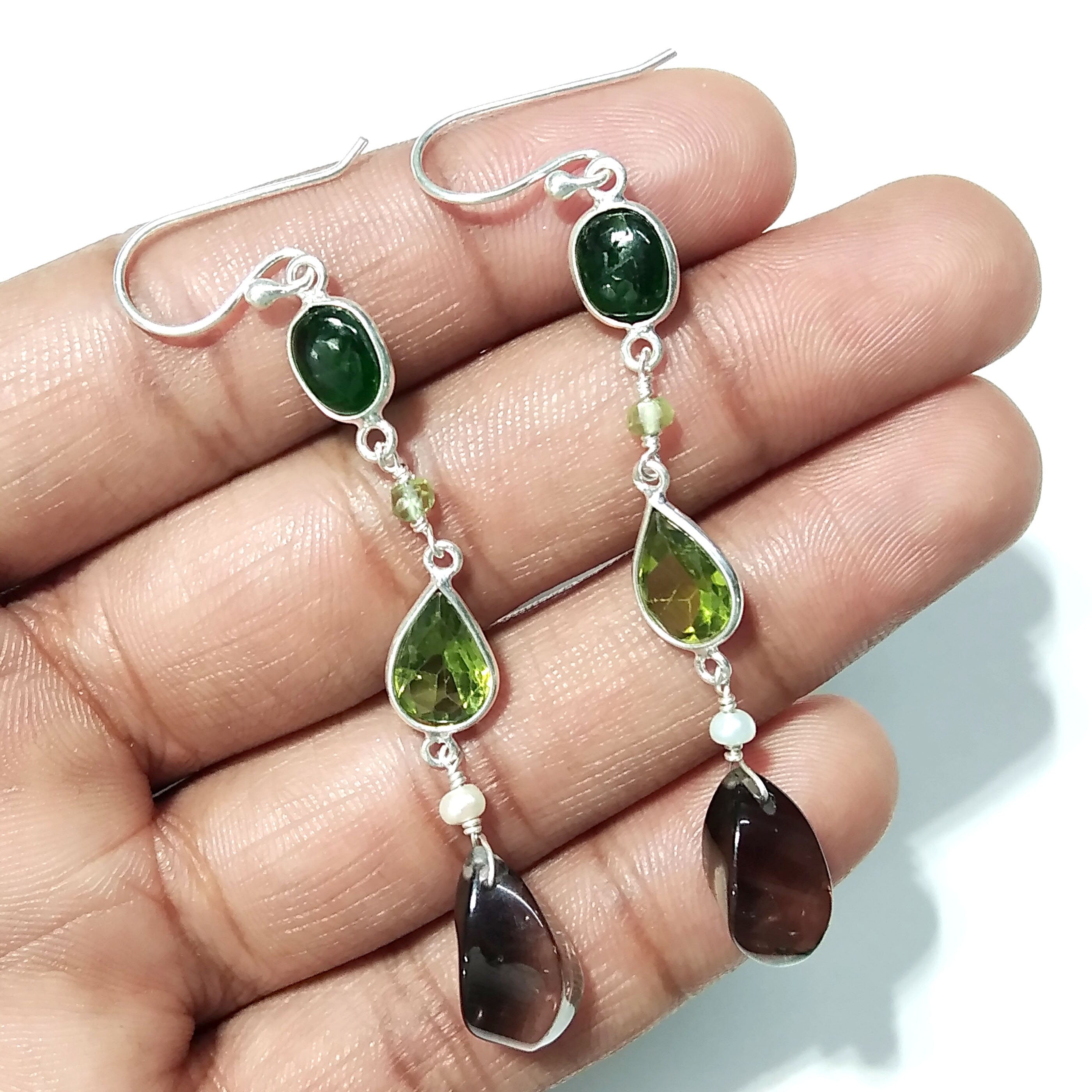Natural Green Tourmaline/Peridot And Smoky Quartz Stone Earring, 925 Starling Silver Earring Handmade Making Jewelry Earring, Gift For Women